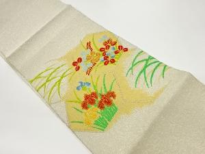 リサイクル　亀甲に萩・菖蒲・芝模様織出し名古屋帯